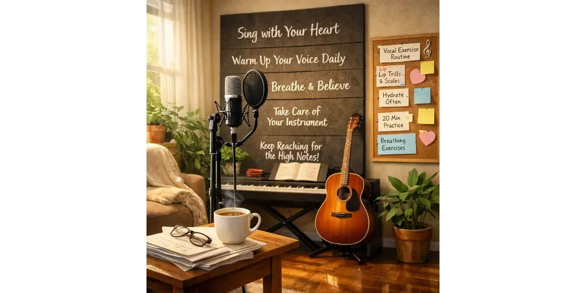 Home music studio setup with a microphone, acoustic guitar, and sheet music for vocal warm-up practice.