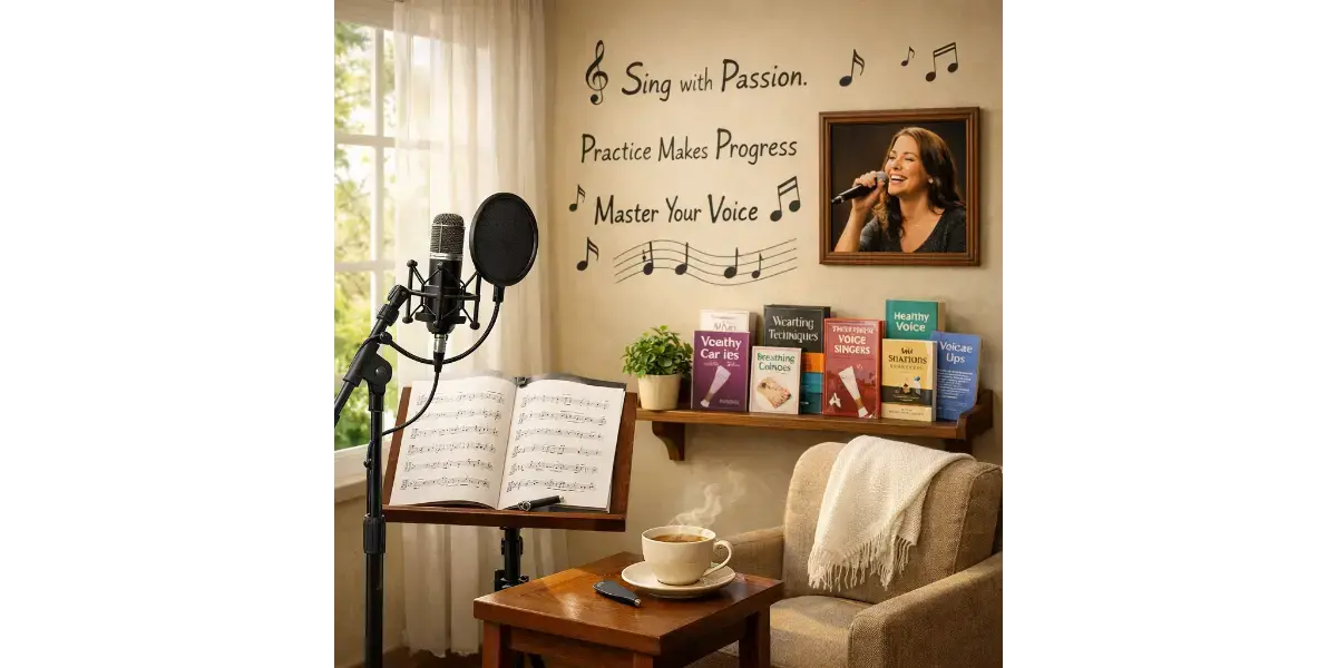 Cozy vocal studio setup with musical score sheets and hot herbal tea for voice care