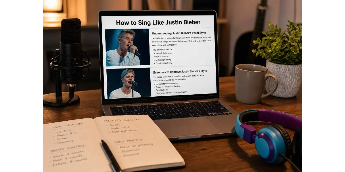 A laptop displaying a blog draft about Justin Bieber's singing style beside a notebook