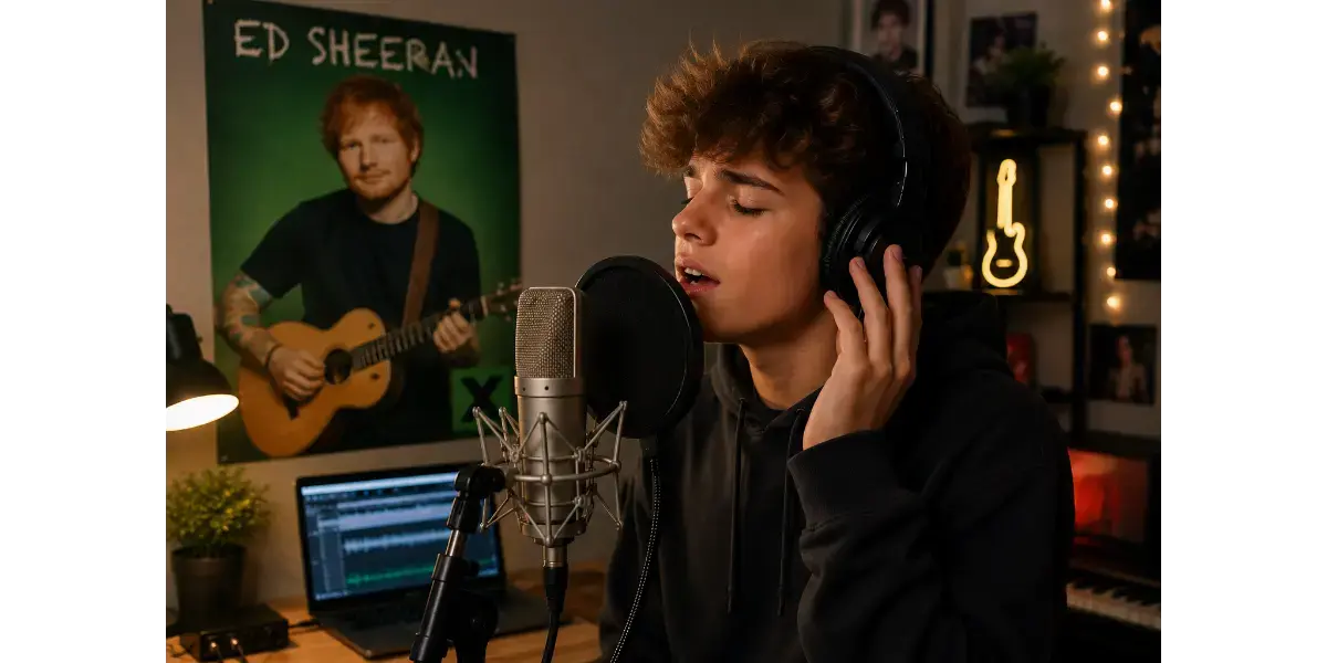 Young male singer performing into a studio microphone wearing headphones