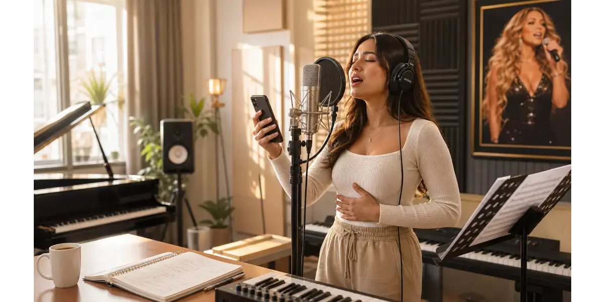 Female singer practicing Mariah Carey vocal techniques and mixed voice exercises in a music studio