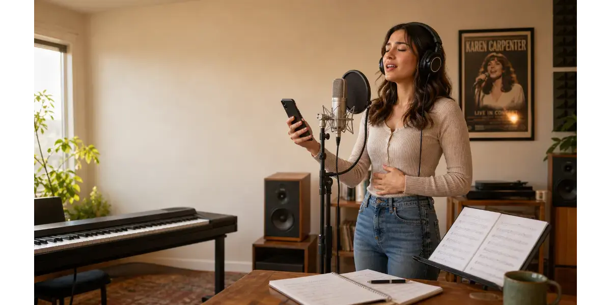 Female singer practicing the warm vocal style and breath control of Karen Carpenter