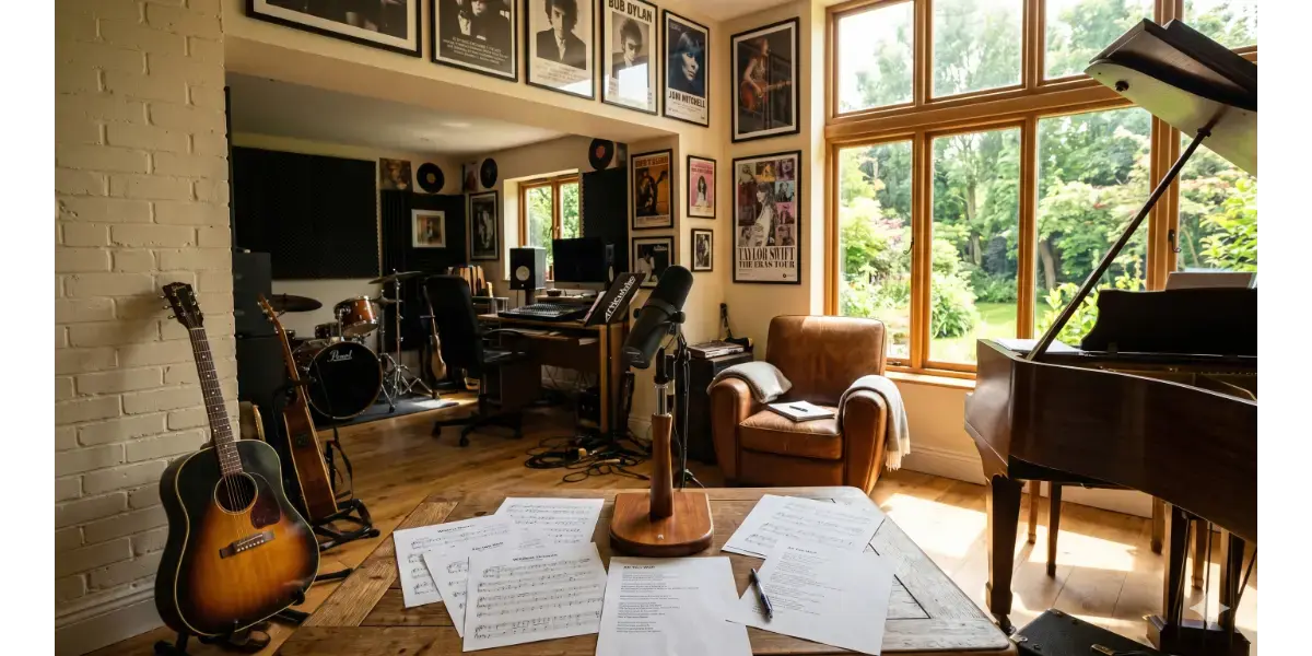 Home music studio setup with a grand piano, acoustic guitar, and recording equipment for vocal practice