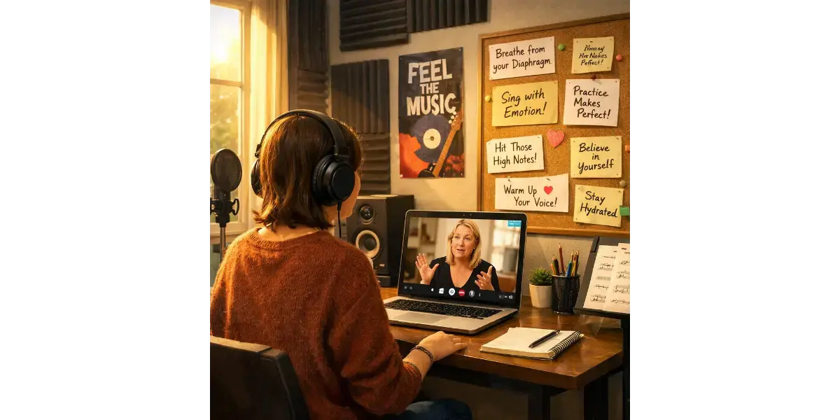 Student taking a live online voice lesson with a professional vocal coach on a video call