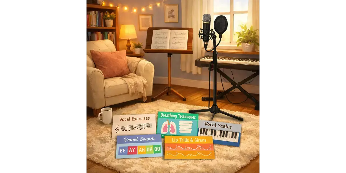 Classic vintage studio microphone arranged for vocal recording and warm-up drills