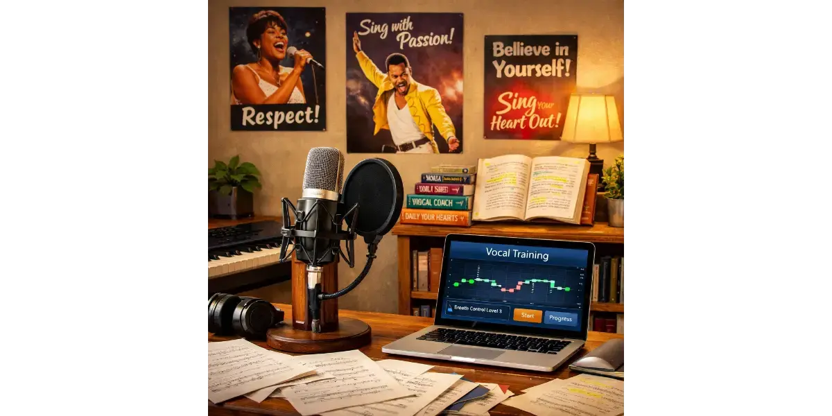 Home studio setup featuring a studio microphone and sheet music
