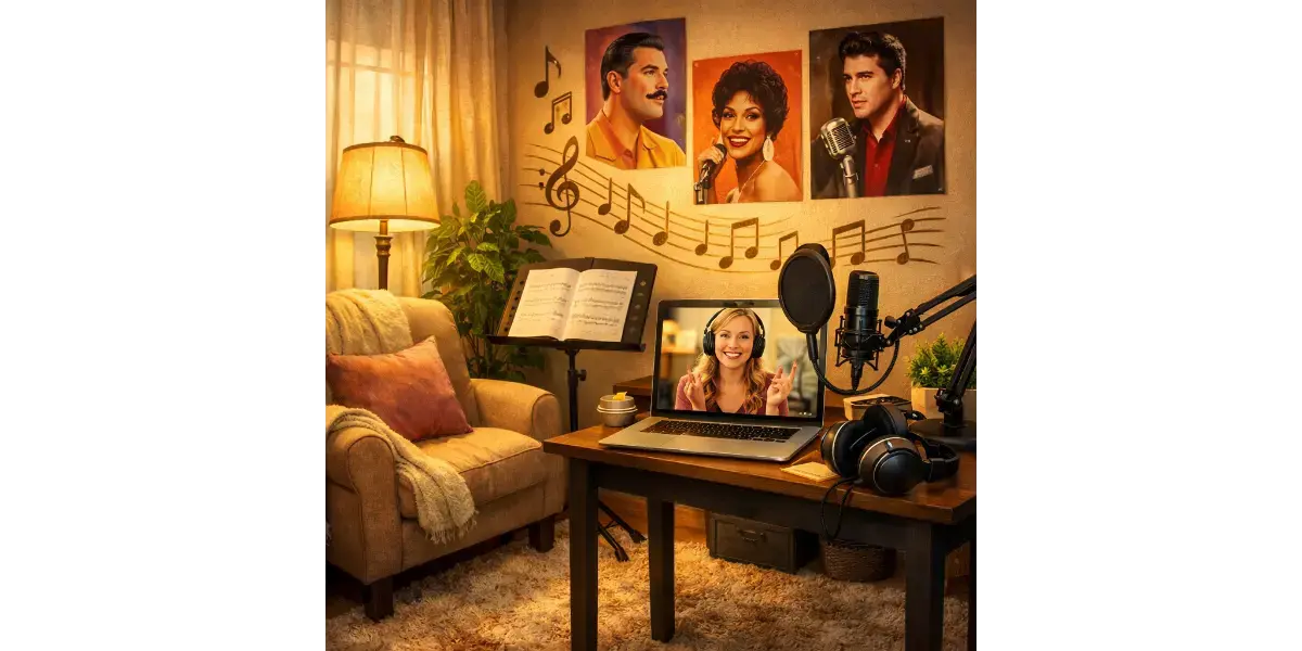 Cozy home studio setup with a microphone, music stand, and warm lighting for online singing lessons