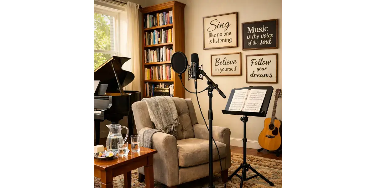 Home vocal studio featuring a grand piano and a filled bookshelf