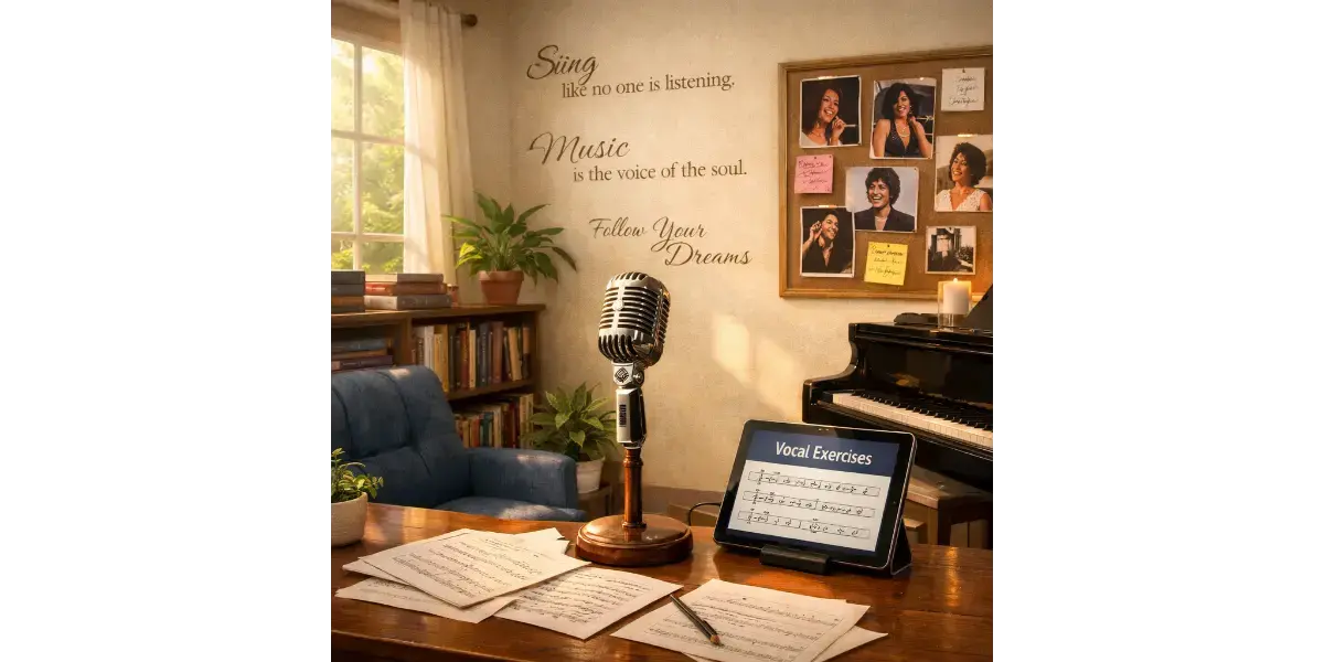 Vintage microphone on a desk with sheet music for chest voice vs head voice singing guide
