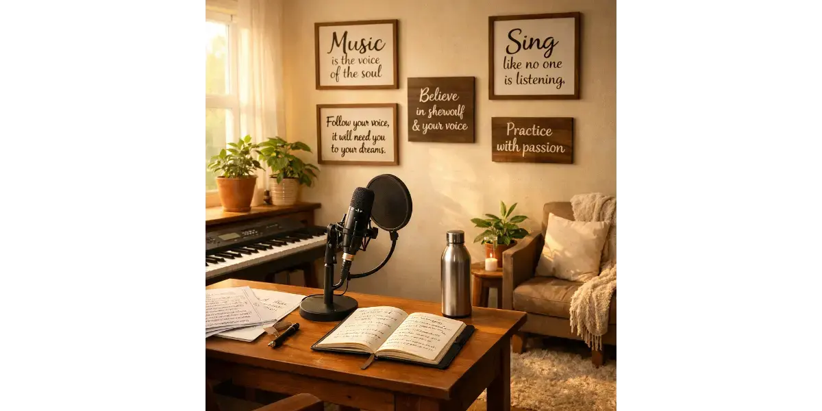 Warmly lit home studio setup tailored for beginner singing and vocal warm-ups