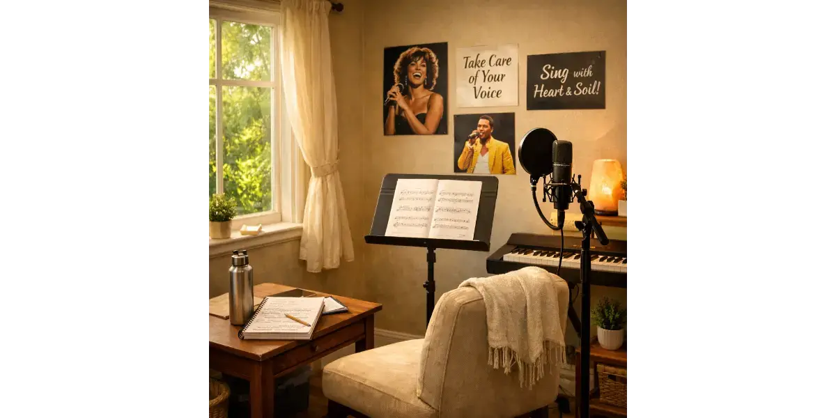 Setup for interactive online voice lessons with laptop