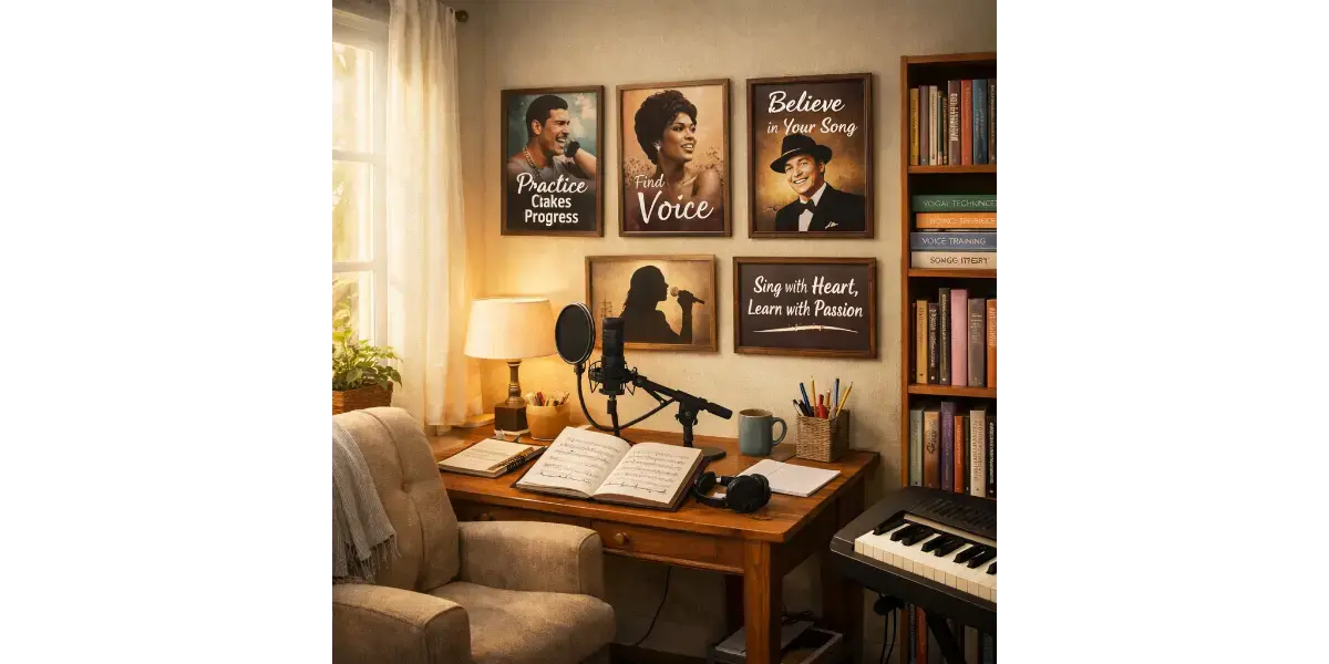 Beginner practicing vocal exercises at home studio to learn how to sing