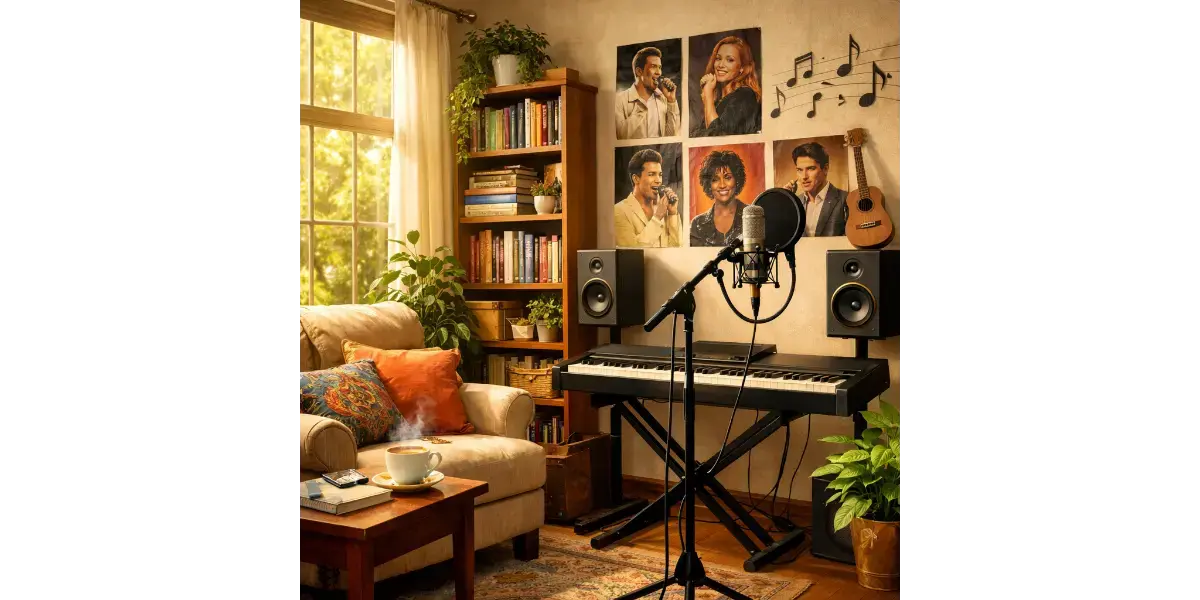 Cozy music room with piano and microphone for singing practice
