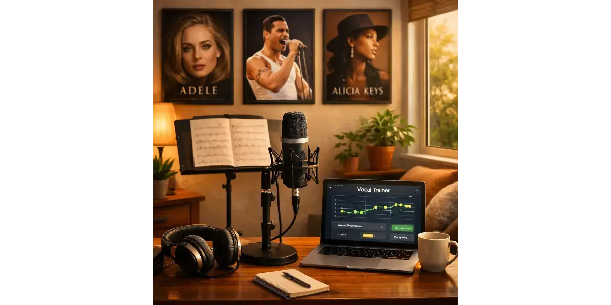 A recording studio microphone and sheet music, representing vocal training and learning to sing safely.