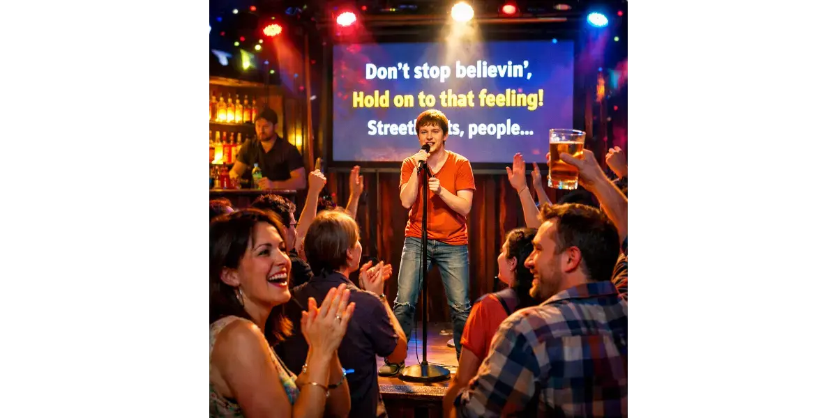  Singer performing on stage with microphone at karaoke bar while crowd cheers