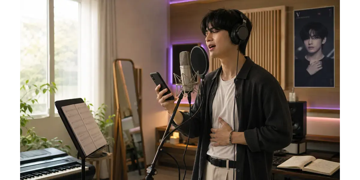 Male singer practicing vocal techniques in a studio setting with a microphone and headphones