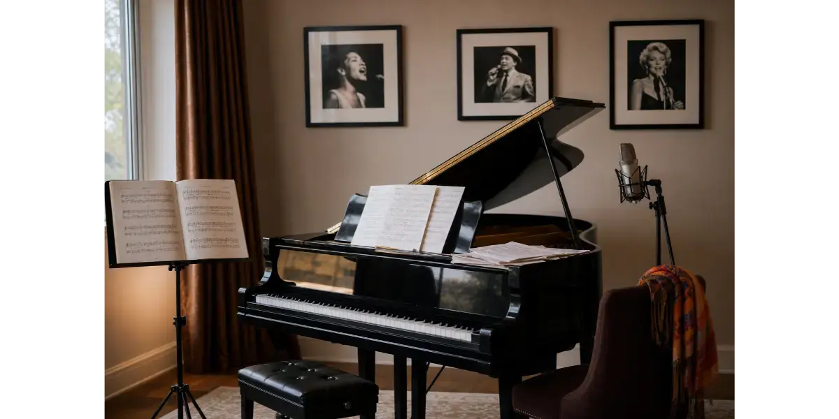 Grand piano with sheet music in a brightly lit music studio