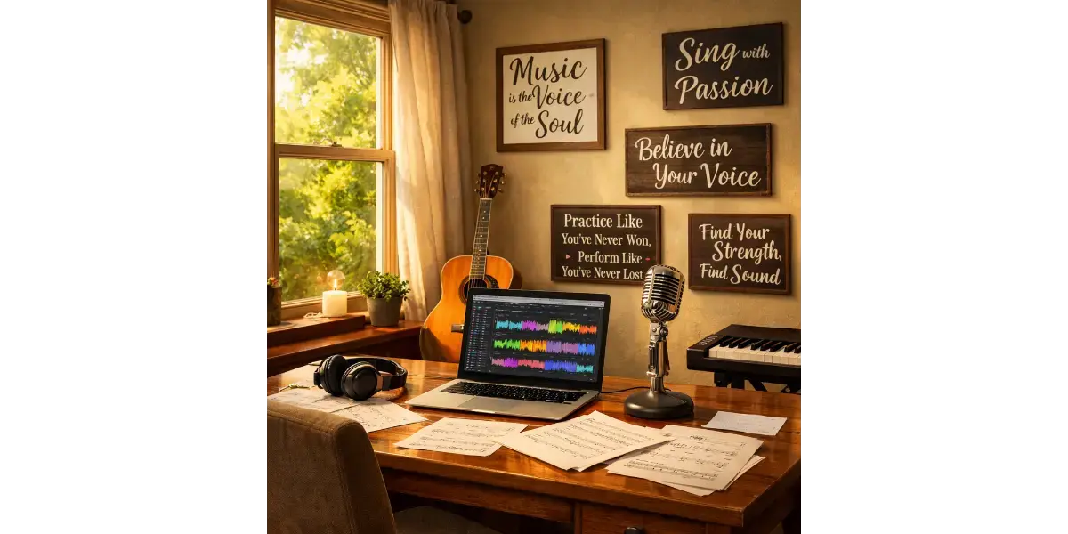 Serene music studio setup featuring a vintage microphone and digital sound waves graphics