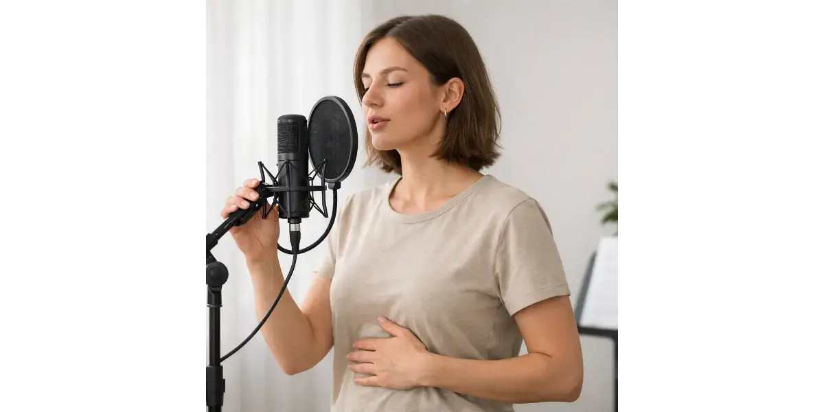 A singer demonstrating soft vocal techniques in front of a studio microphone.