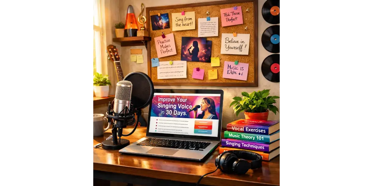 Vibrant home office decorated with greenery and musical elements