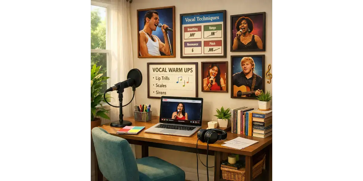 Vocal studio home office illuminated by natural light with inspirational posters
