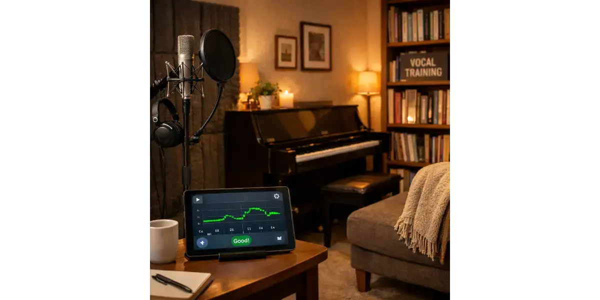 Digital piano in a home music studio for beginner ear training and pitch matching exercises.