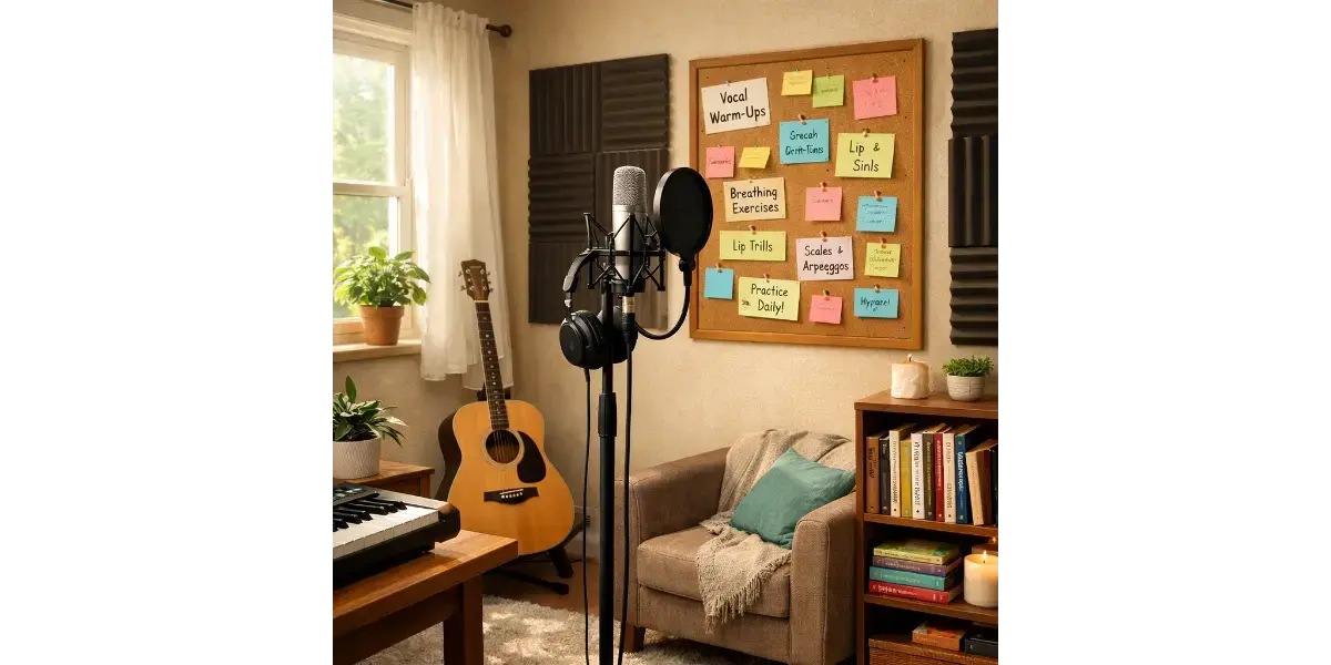 A home recording studio setup with condenser microphones, acoustic guitars, and sheet music for vocal range and singing lessons.