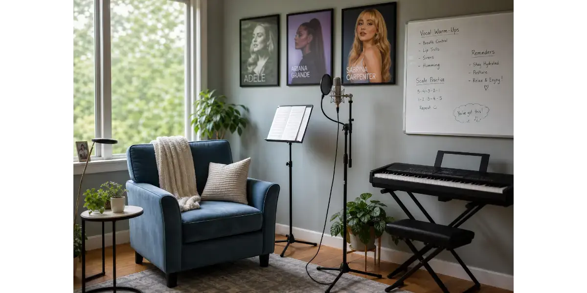 A cozy vocal recording studio with soft lighting and a keyboard for practicing pop singing.