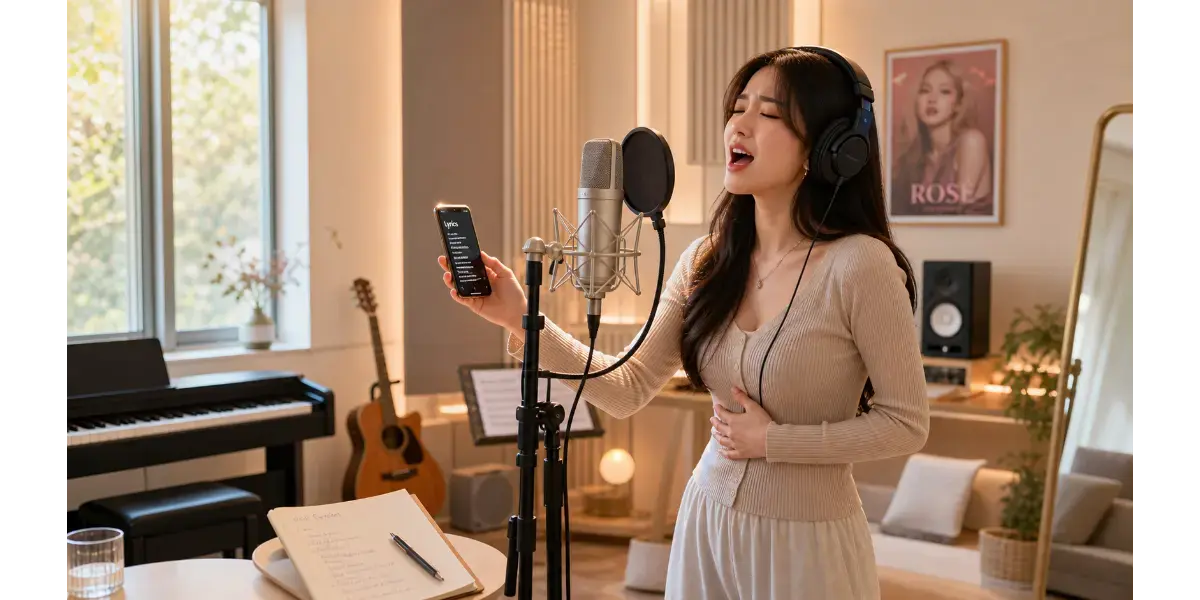 Female singer performing into a studio microphone with headphones in a recording room