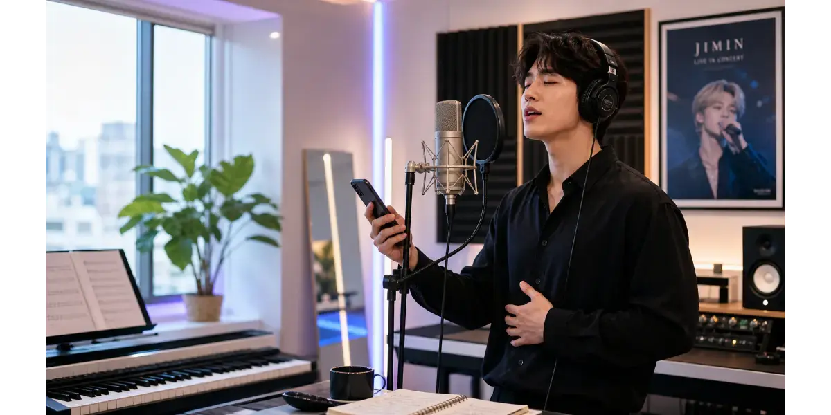 Male singer practicing Jimin BTS vocal technique and head voice control in a music studio