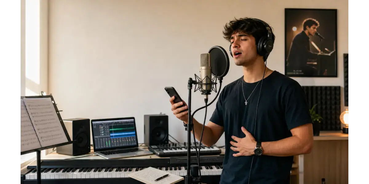 Young male singer practicing vocal techniques into a studio microphone