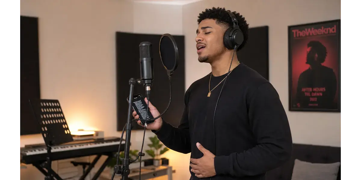 A male singer in a recording studio holding a smartphone while singing into a microphone.