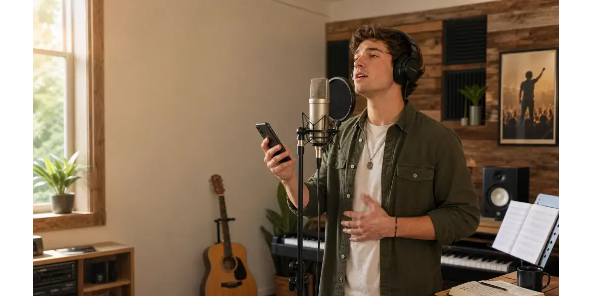 Male singer practicing country vocal technique in a studio
