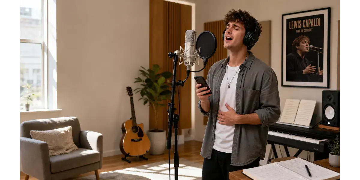 Male singer singing into a studio condenser microphone with an acoustic guitar in the background