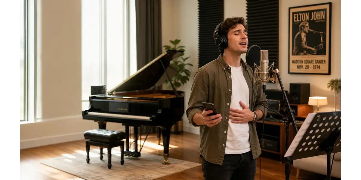 Male singer practicing vocal techniques next to a grand piano in a studio