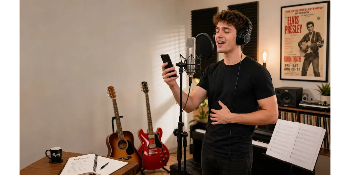 Male vocalist practicing posture and breath support techniques in a studio setting