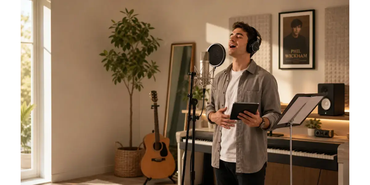 Male singer practicing worship vocal techniques and breath control in a studio
