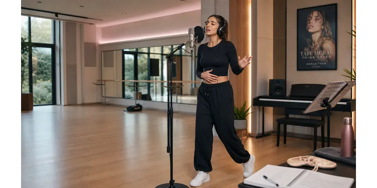 Female singer practicing Tate McRae vocal technique and dance choreography in a rehearsal studio