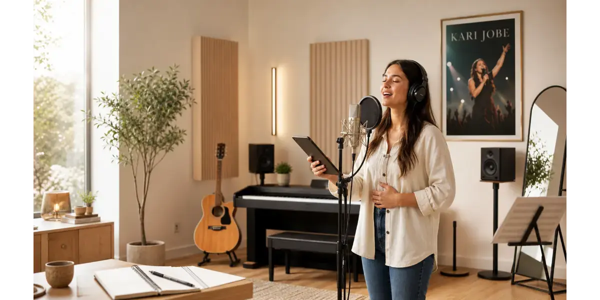 Female singer practicing worship vocal technique in a recording studio with a microphone and piano