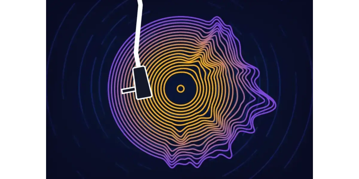 A glowing, colorful circular soundwave with a microphone, representing the concept of a vocal home and understanding your vocal range.