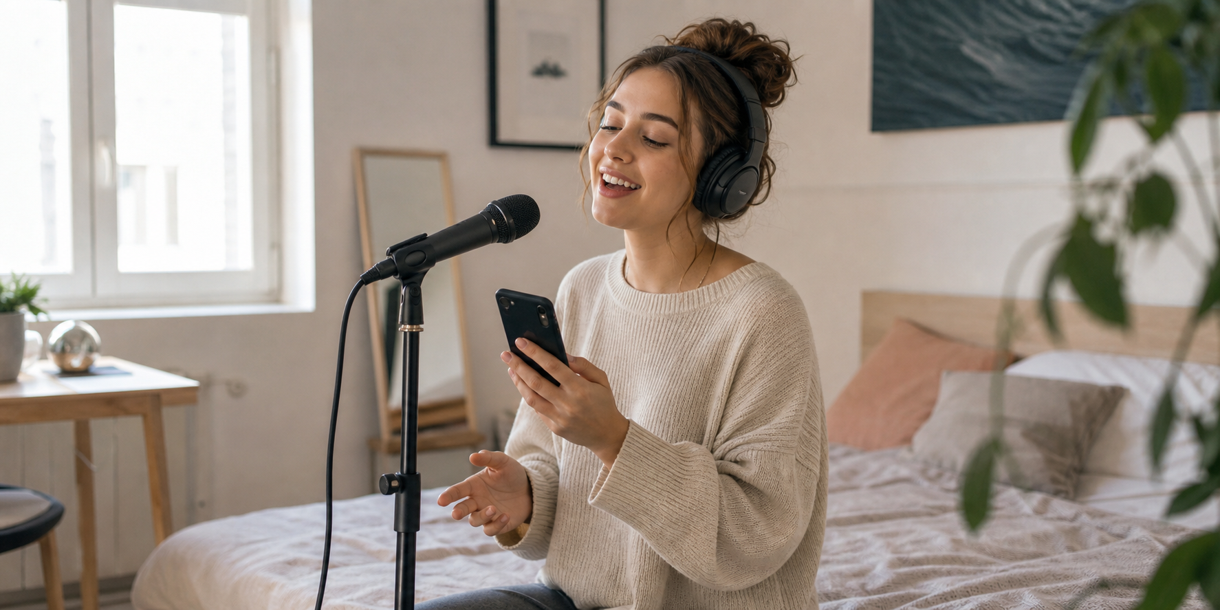Beginner singer practicing easy Ariana Grande songs at home