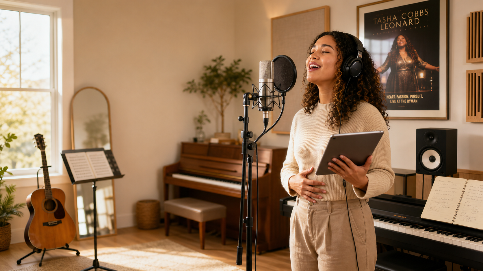 Female singer practicing Tasha Cobbs Leonard vocal style