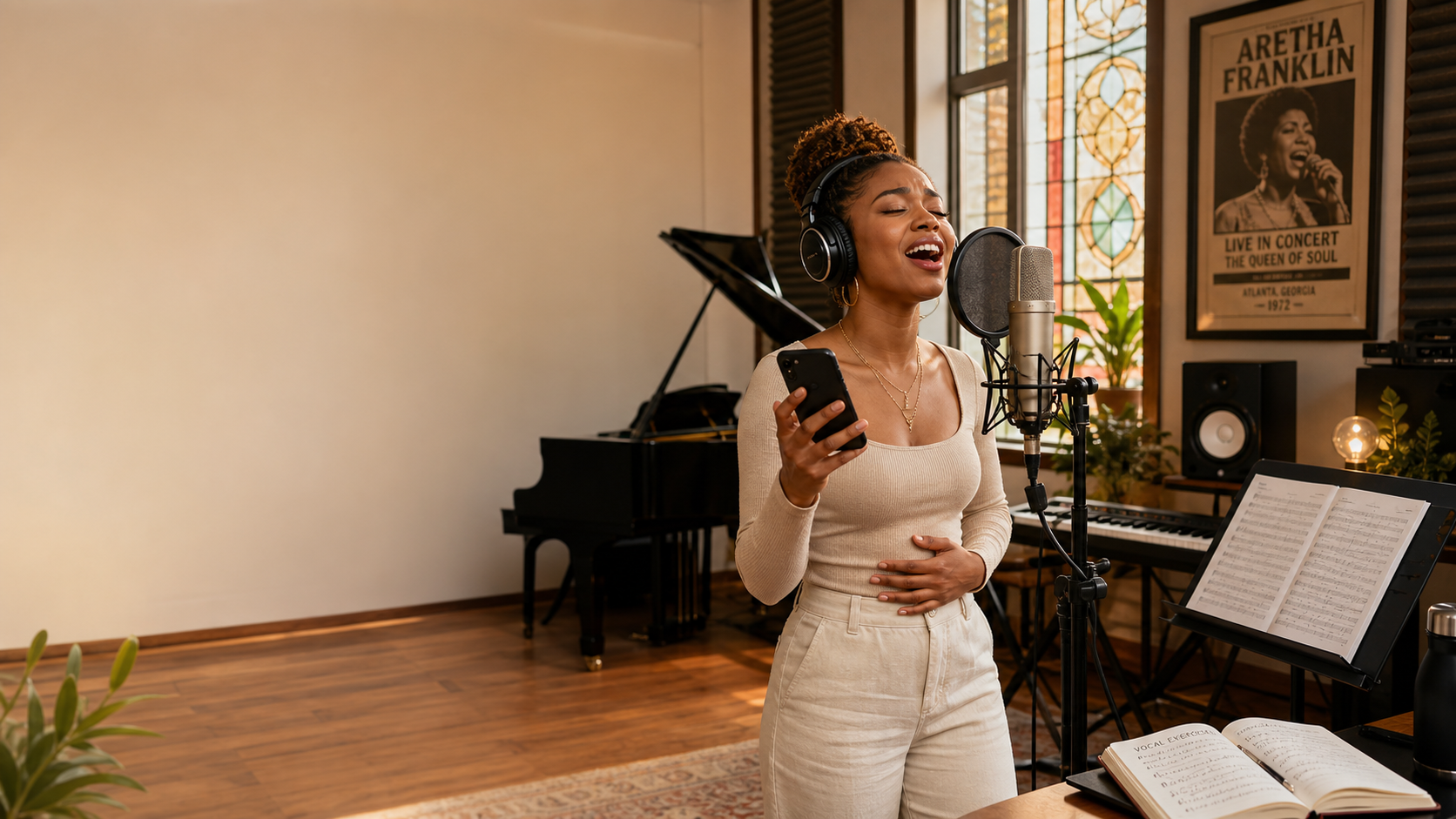 Female singer practicing Aretha Franklin vocal style