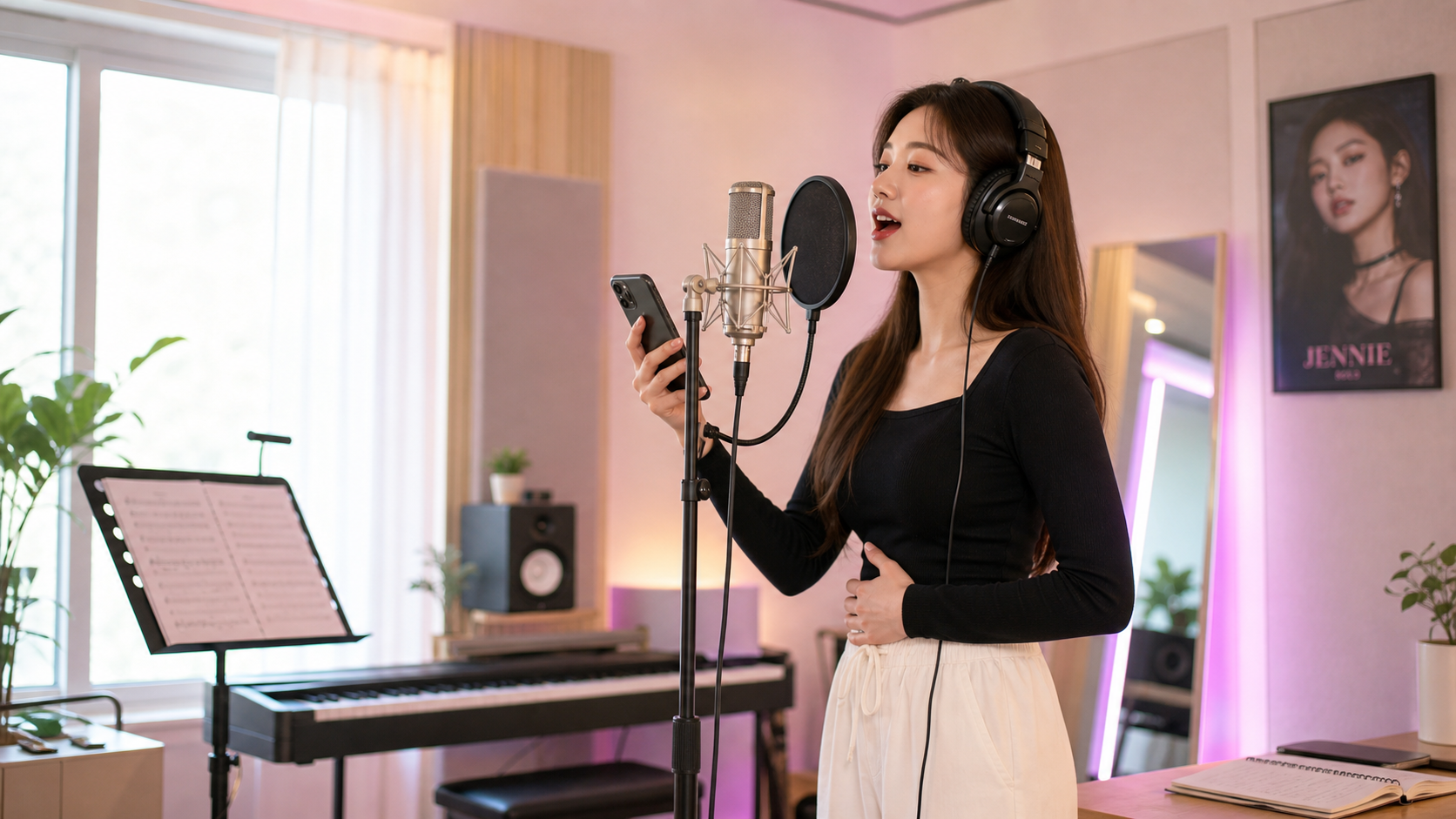Female singer practicing Jennie vocal style