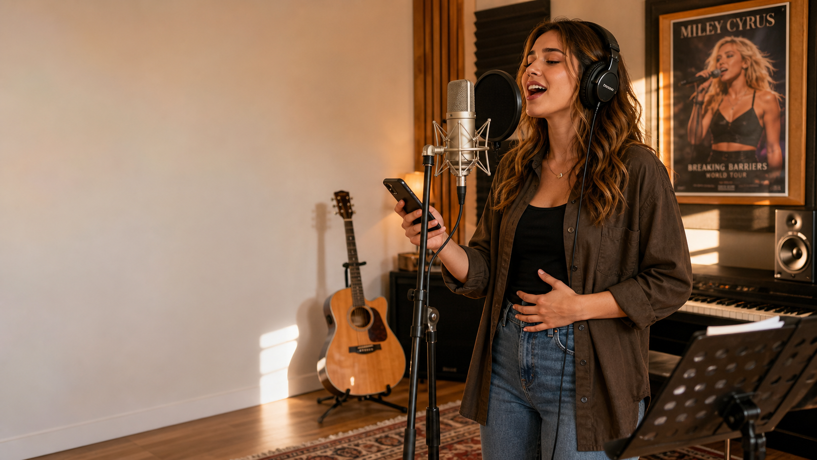 Female singer practicing Miley Cyrus vocal style