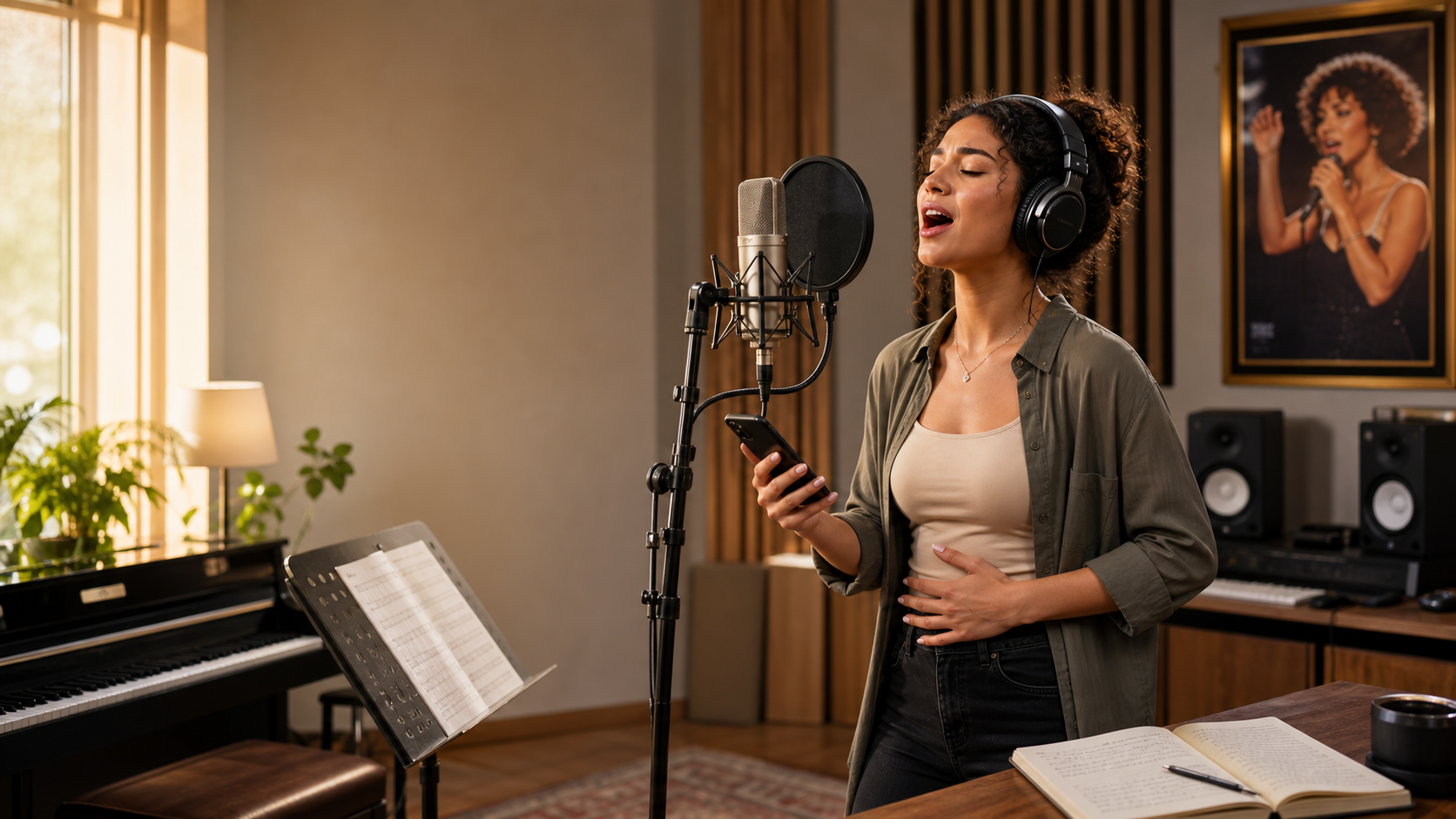 Female singer practicing Whitney Houston vocal style