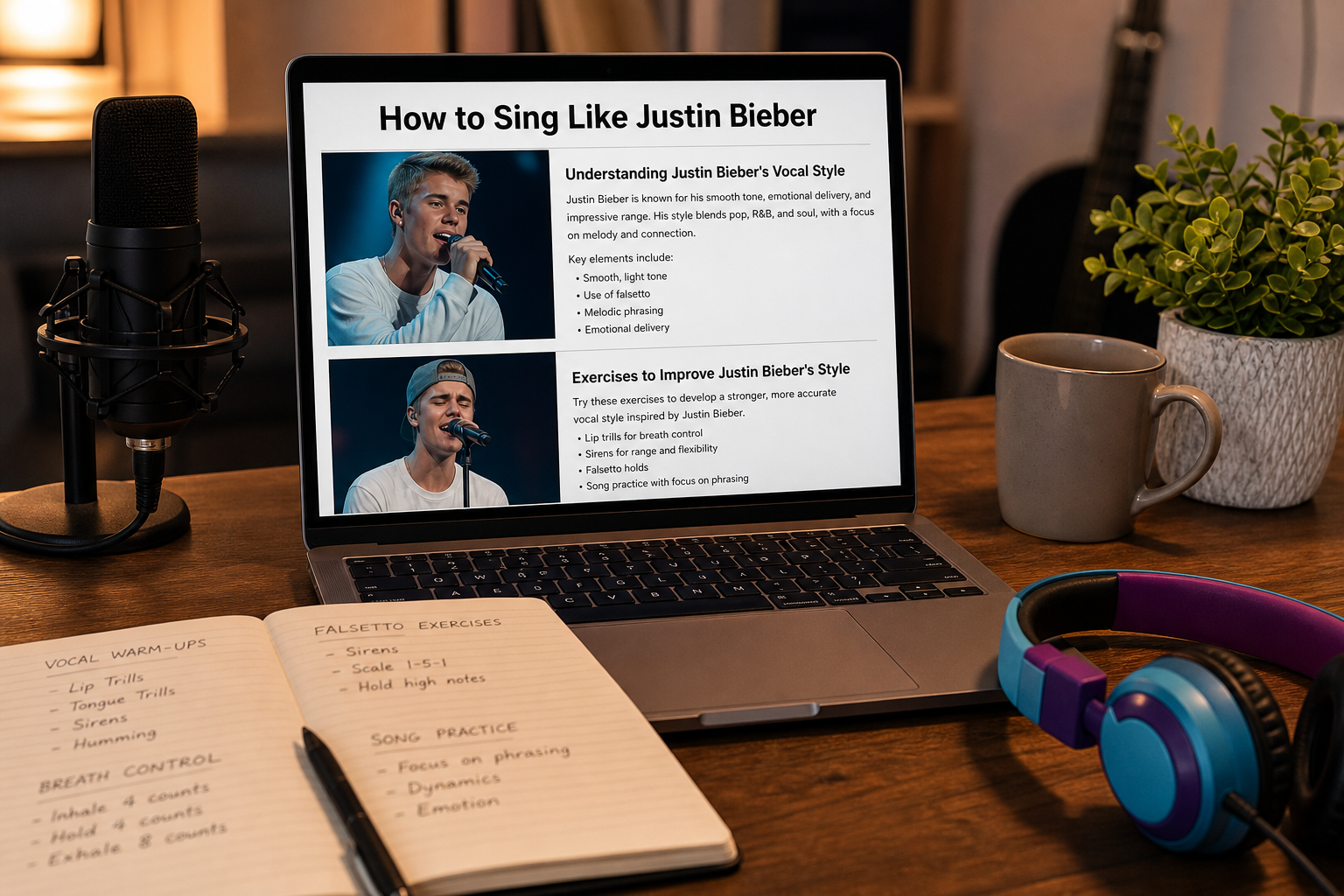 Male singer practicing Justin Bieber vocal style