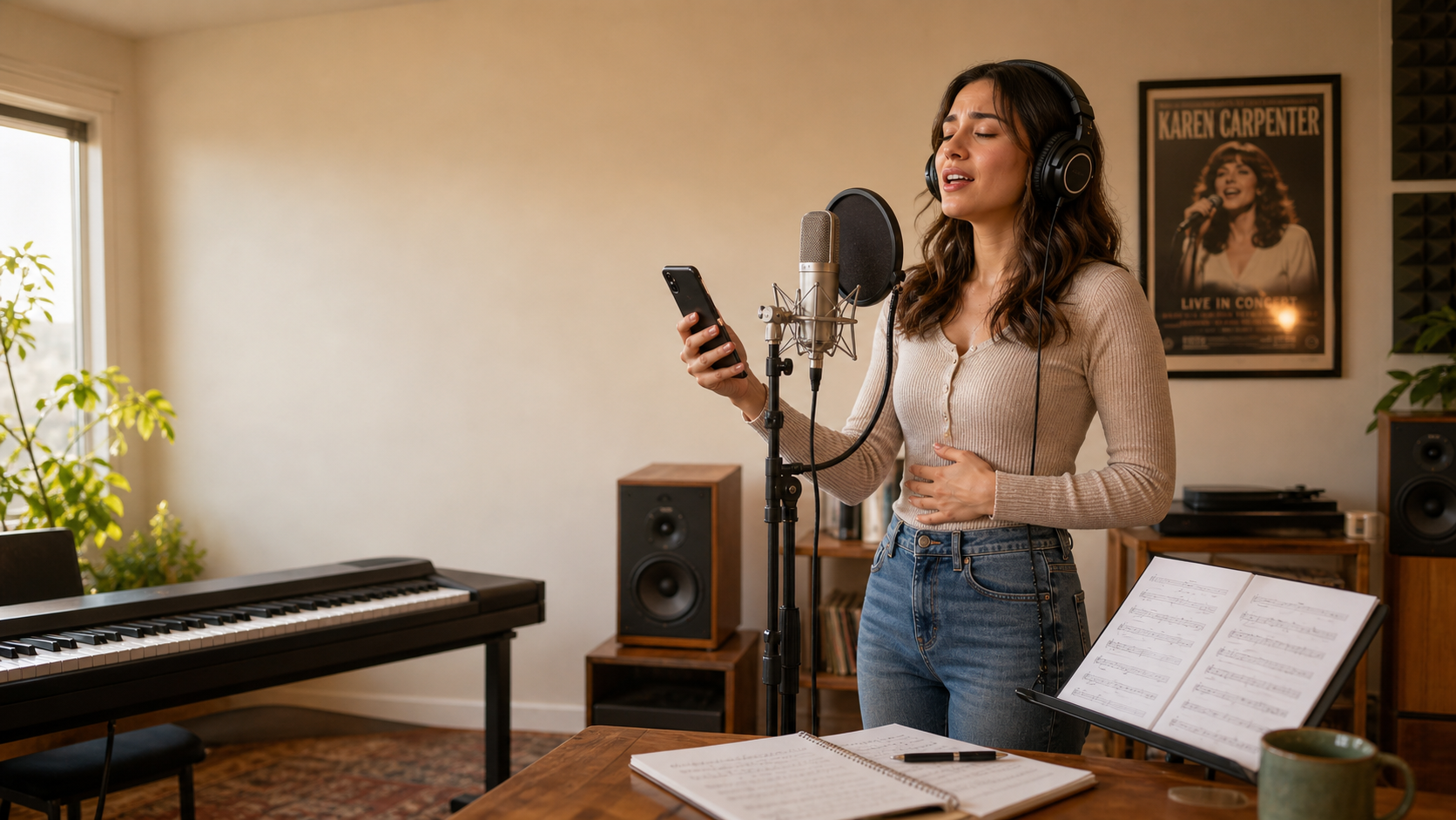 Female singer practicing Karen Carpenter vocal style