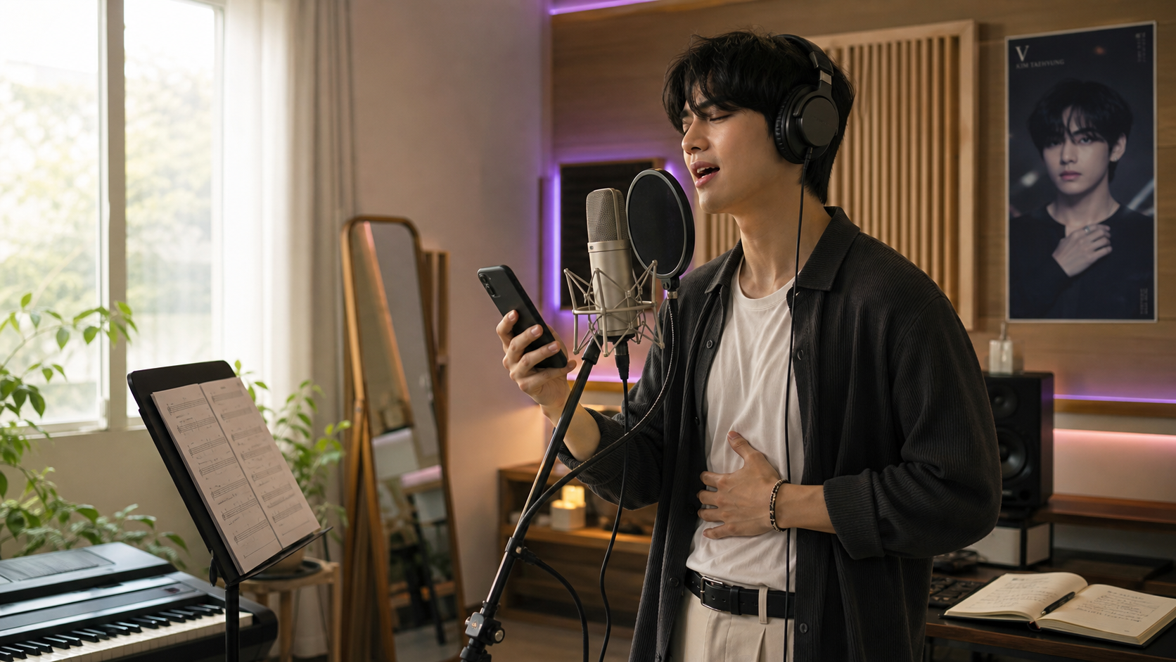Male singer practicing V vocal style