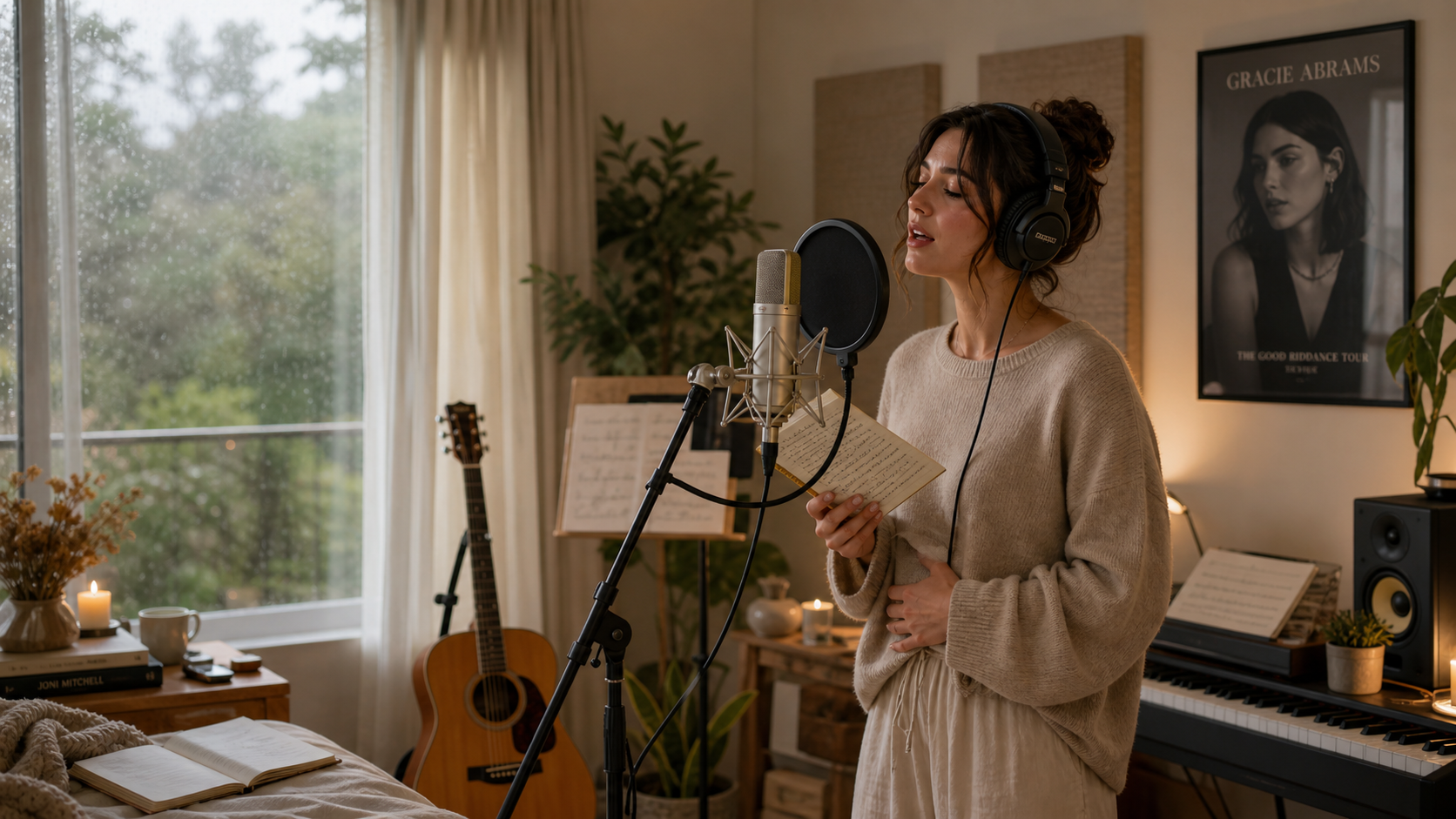 Female singer practicing Gracie Abrams vocal style